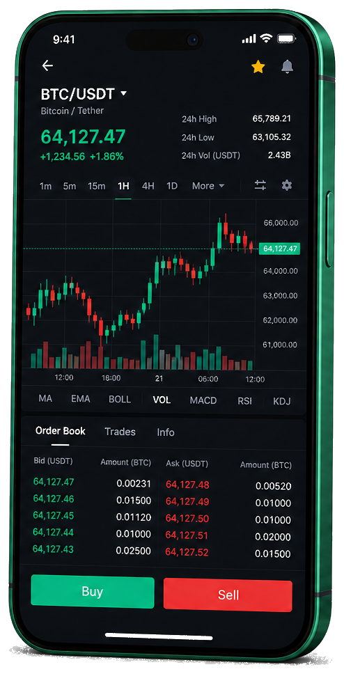 Ferme Valeurect mobile trading platform — live BTC/USDT chart, order book and buy/sell interface